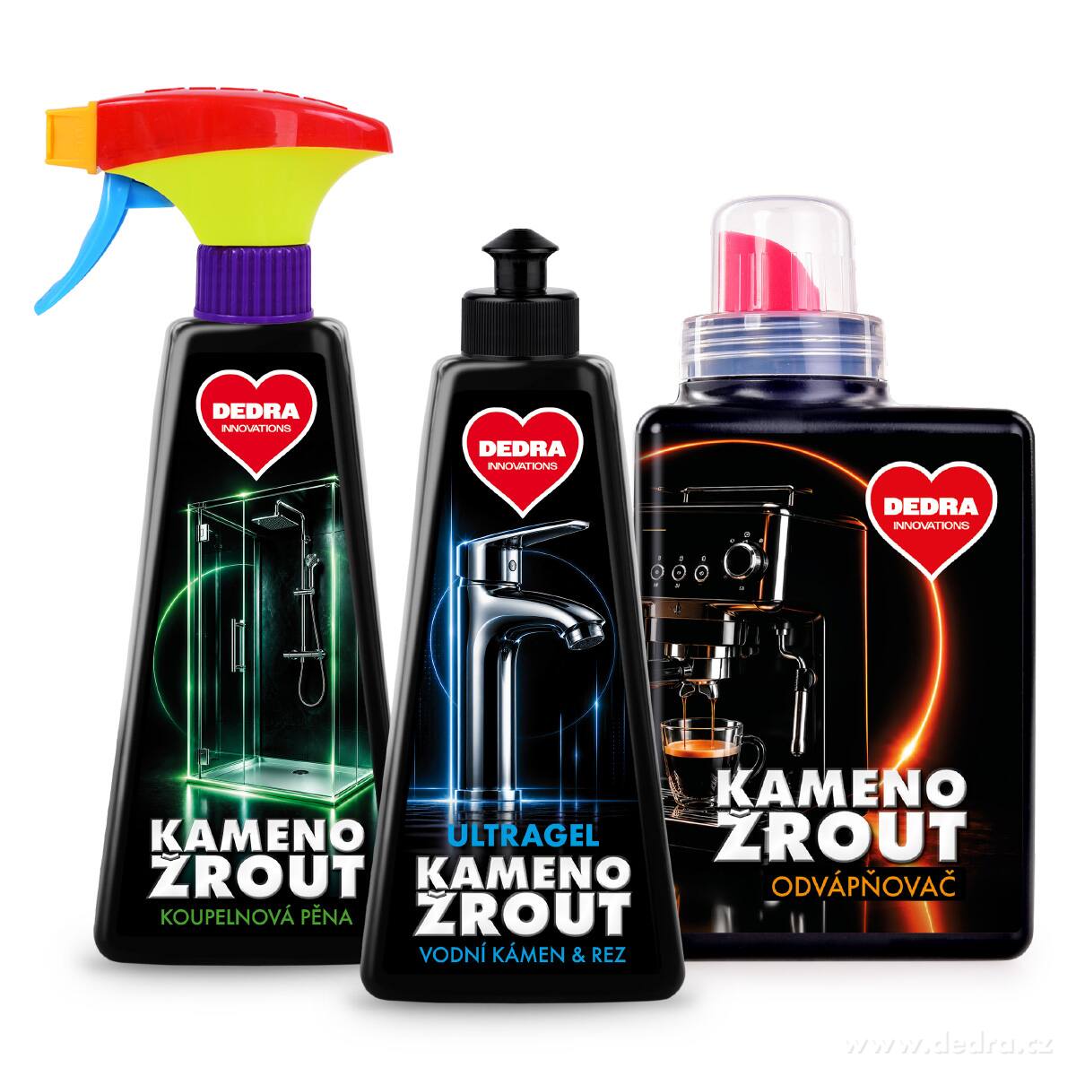 SADA 2+1 KAMENOŽROUT | Specialisté na vodní kámen, rez a čisté spotřebiče | koupelnová pěna & ultragel & odvápňovač | 500 ml ×3