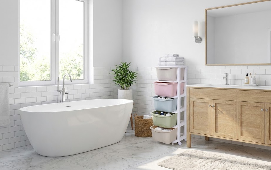 Pětipatrový regál  QUINTO REGAL s různobarevnými boxy