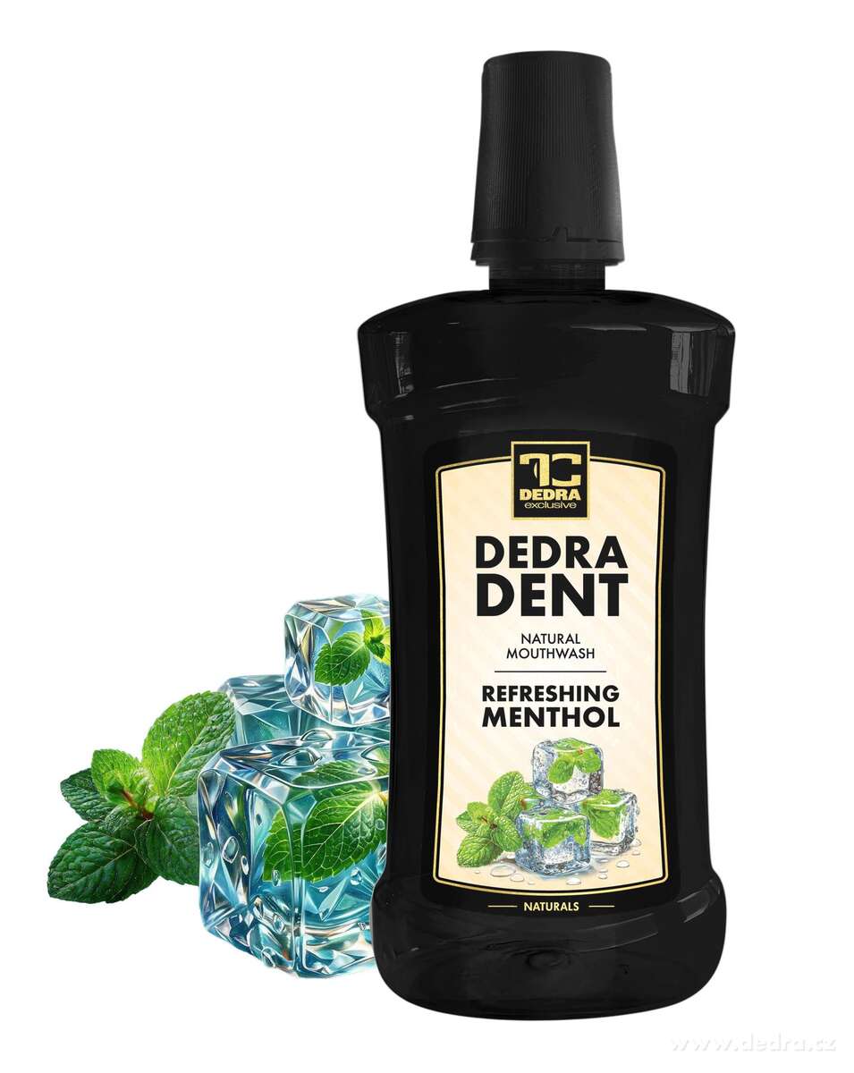 DEDRA DENT | přírodní bylinná ústní voda REFRESHING MENTHOL s kyselinou hyaluronovou & stévií | hydratace & svěží dech | 500 ml