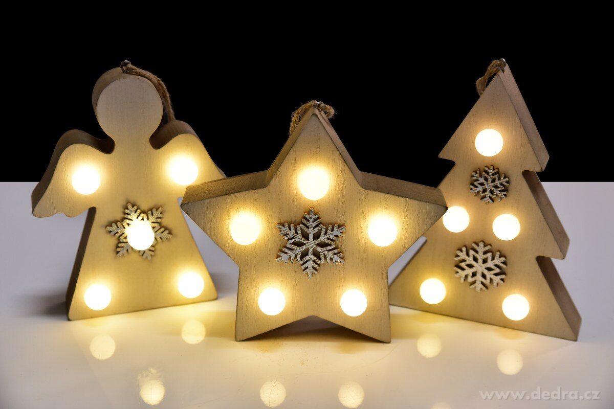 15 cm dřevěný svítící LED anděl, závěsná/stojací dekorace