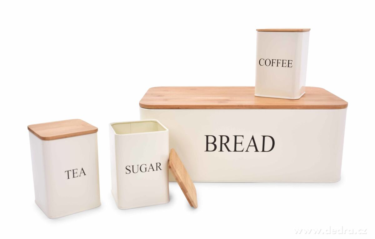 4 KS SADA chlebníku a kovových dóz TEA, COFFEE, SUGAR