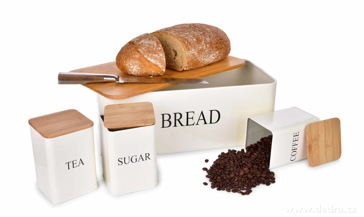 4 KS SADA chlebníku a kovových dóz TEA, COFFEE, SUGAR