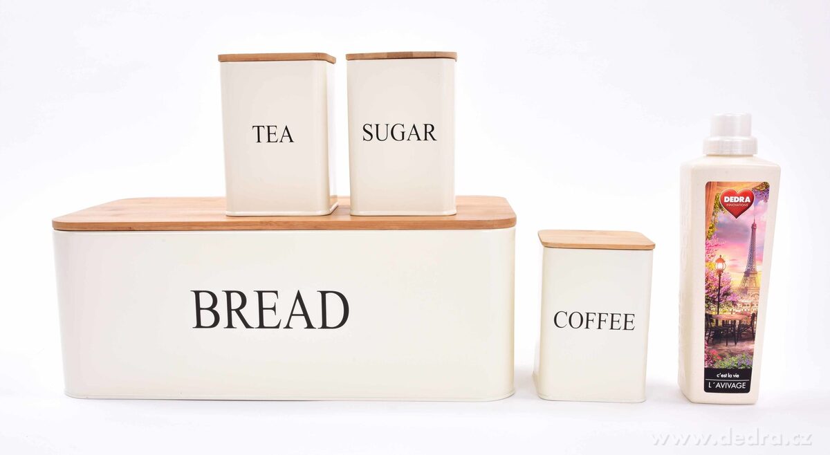 4 KS SADA chlebníku a kovových dóz TEA, COFFEE, SUGAR