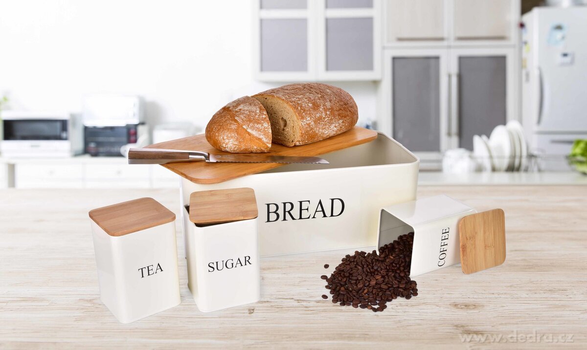 4 KS SADA chlebníku a kovových dóz TEA, COFFEE, SUGAR