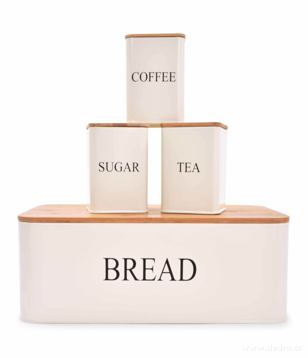 4 KS SADA chlebníku a kovových dóz TEA, COFFEE, SUGAR