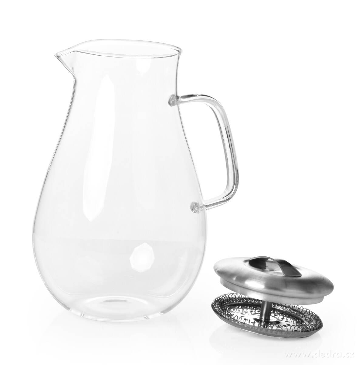 Sklenený džbán z borosilikátového skla s nerezovým vekom a pružinovým sitkom