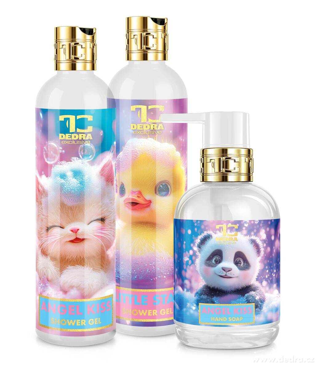 2+1 VESELÁ DĚTSKÁ SADA | Ultra jemné dětské mýdlo na tělo a ruce ANGEL KISS + ultra jemný dětský sprchový gel na tělo i vlásky LITTLE STAR & ANGEL KISS | 320 ml ×3