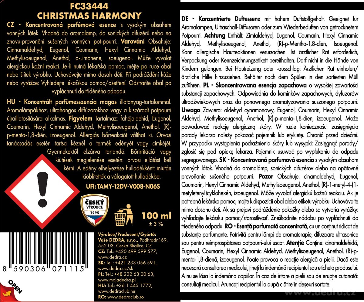 CHRISTMAS HARMONY | parfémová esence do aromalamp & difuzérů | PARFUMIA® ESSENCE À L'INTÉRIEUR | 100 ml