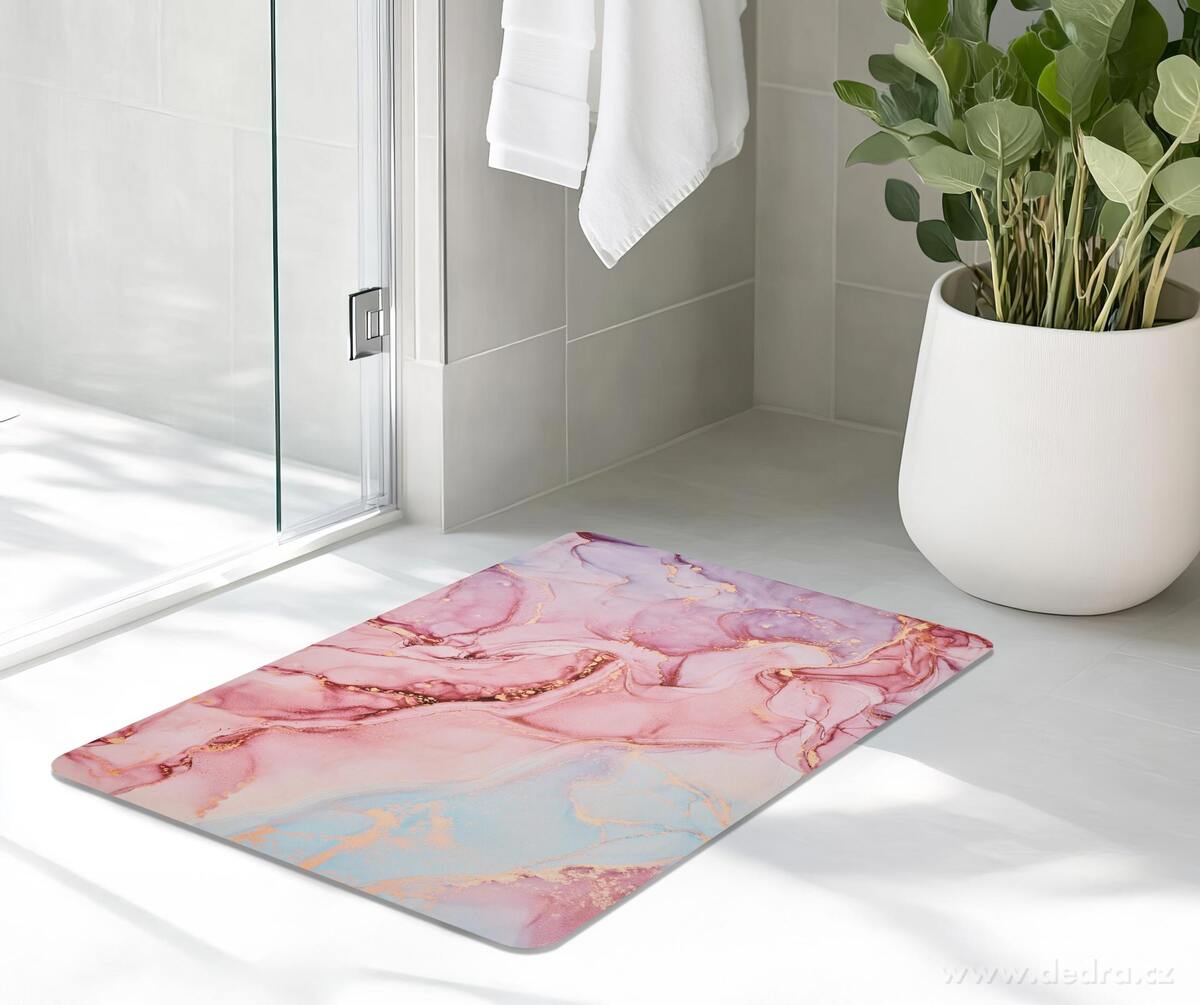 SPA | ULTRASAVÁ křemelinová koupelnová předložka | rychleschnoucí & protiskluzová | 60 × 90 cm | růžovo-modrý mramor