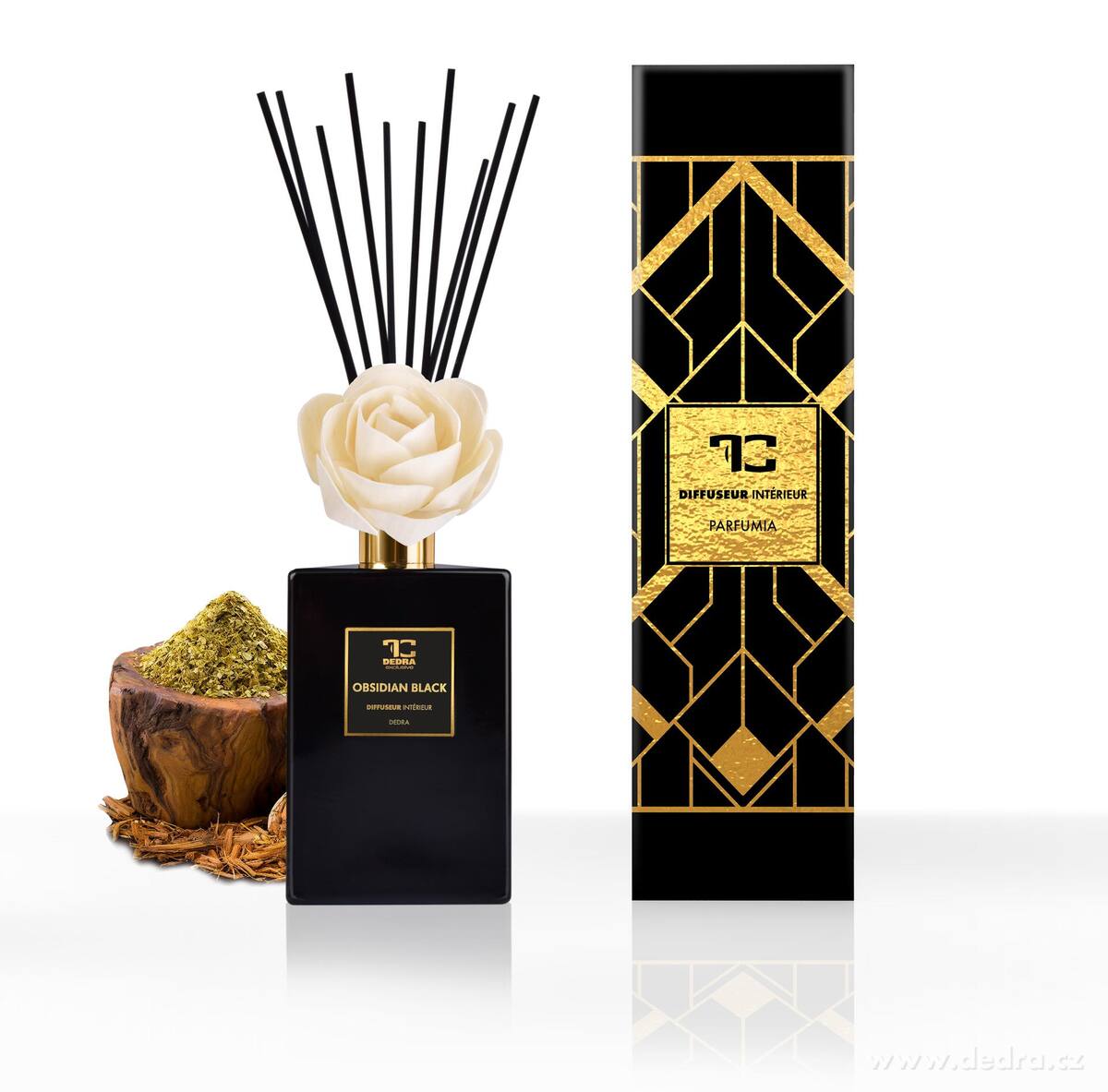 OBSIDIAN BLACK | XL difuzér s FLOW květinou & tyčinkami | PARFUMIA® | 500 ml