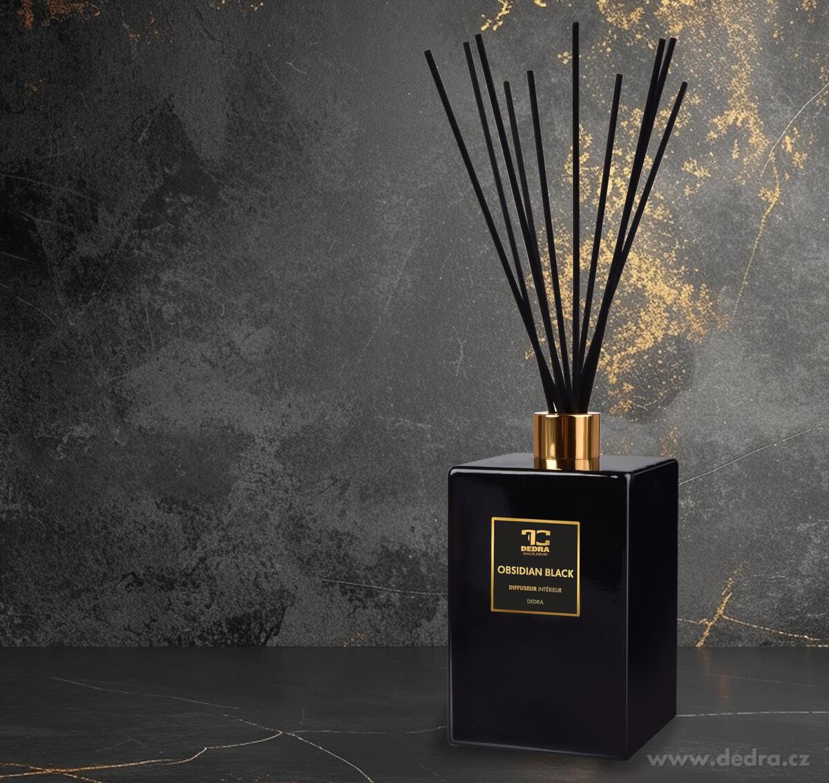 OBSIDIAN BLACK | XL difuzér s FLOW květinou & tyčinkami | PARFUMIA® | 500 ml