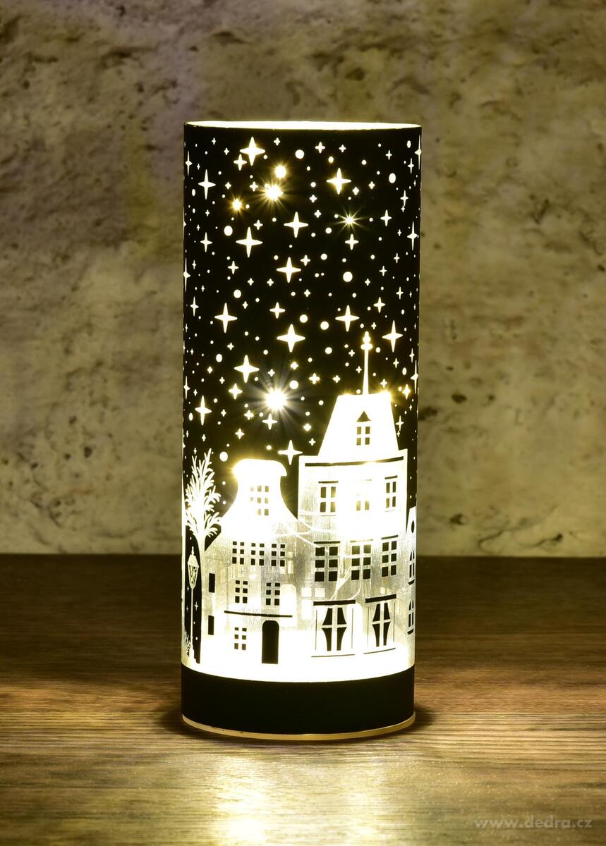ZIMNÍ MĚSTEČKO | LED skleněný svícen | zelený | 20 cm