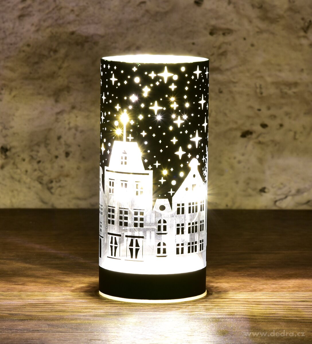 ZIMNÍ MĚSTEČKO | LED skleněný svícen | zelený | 15 cm