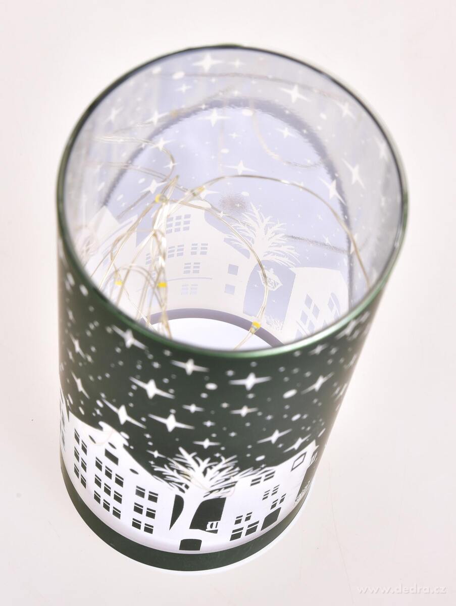 ZIMNÍ MĚSTEČKO | LED skleněný svícen | zelený | 15 cm