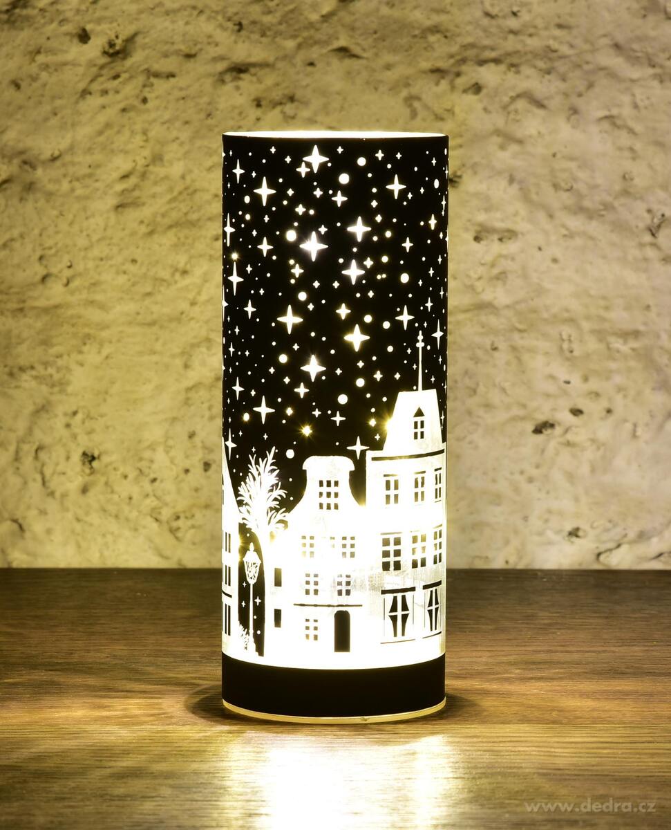 NOČNÍ MĚSTEČKO | LED černý skleněný svícen | 20 cm