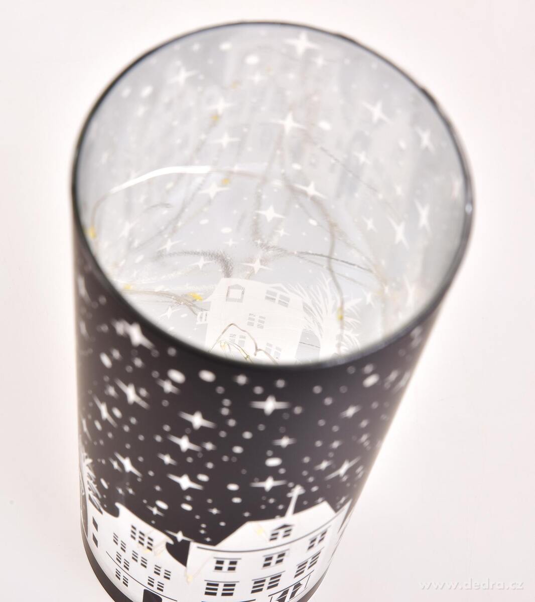 NOČNÍ MĚSTEČKO | LED černý skleněný svícen | 20 cm