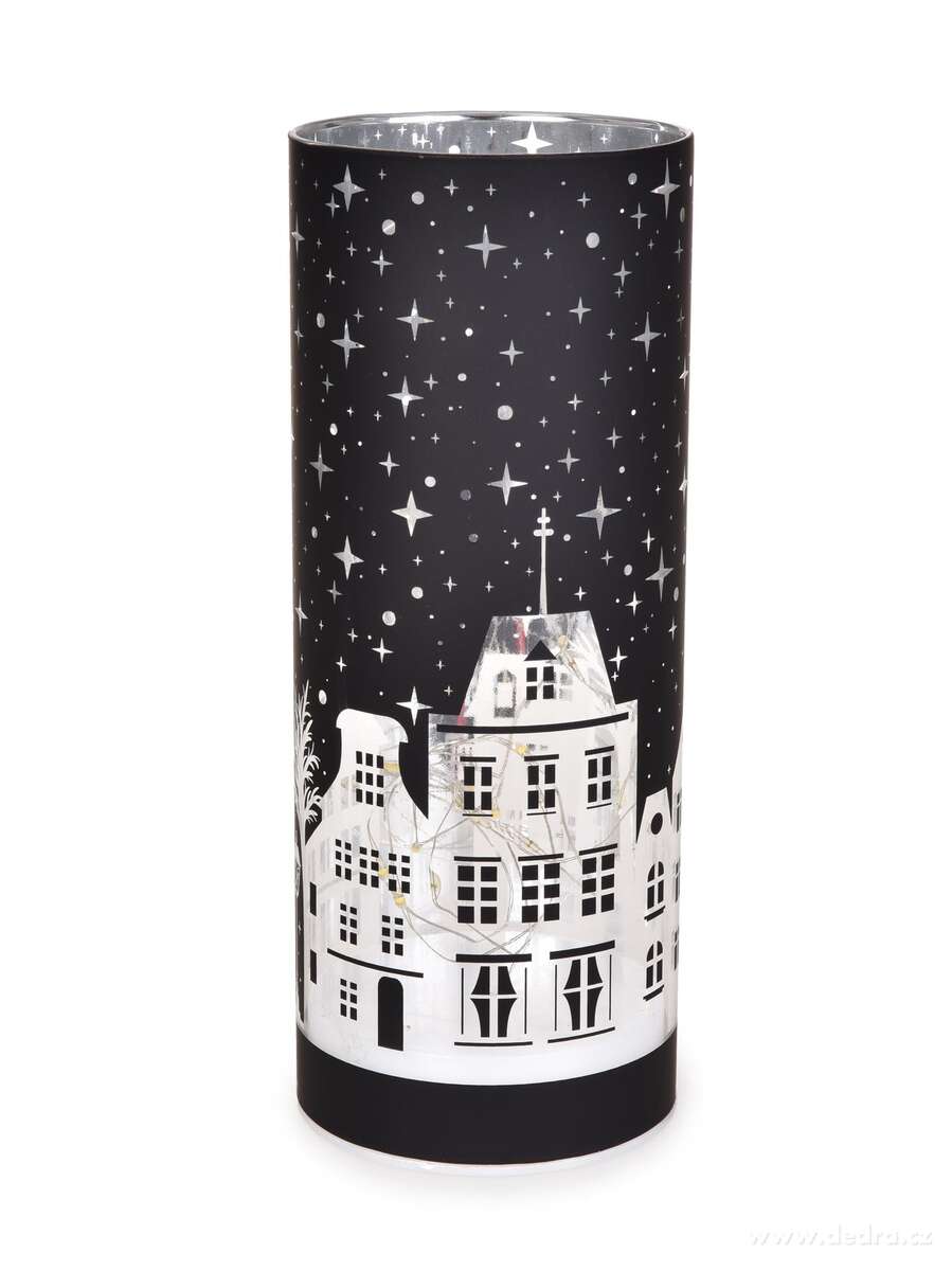 NOČNÍ MĚSTEČKO | LED černý skleněný svícen | 20 cm