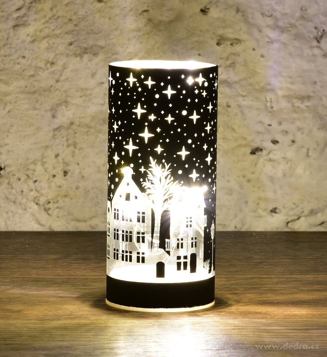 NOČNÍ MĚSTEČKO | LED černý skleněný svícen | 15 cm