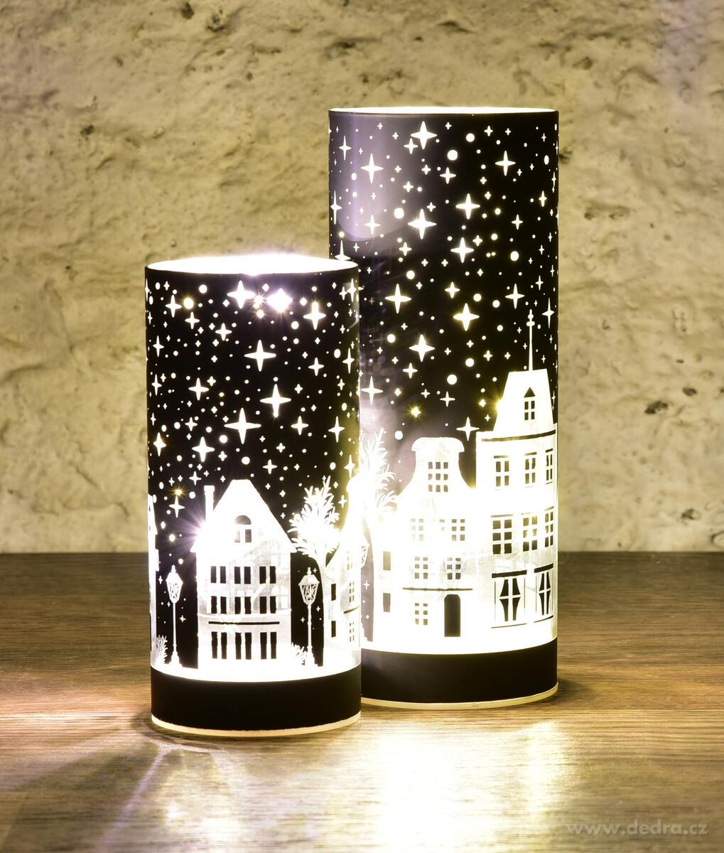 NOČNÍ MĚSTEČKO | LED černý skleněný svícen | 15 cm