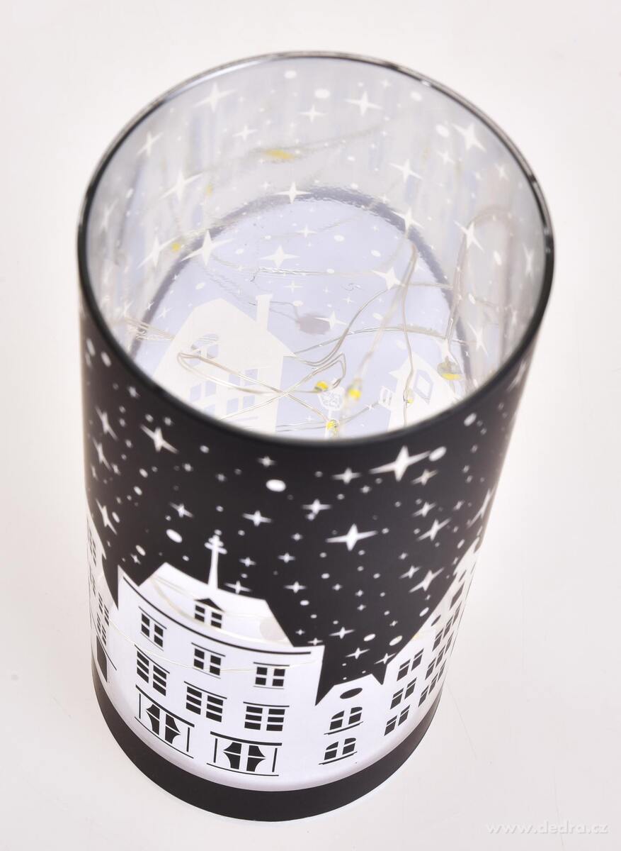 NOČNÍ MĚSTEČKO | LED černý skleněný svícen | 15 cm