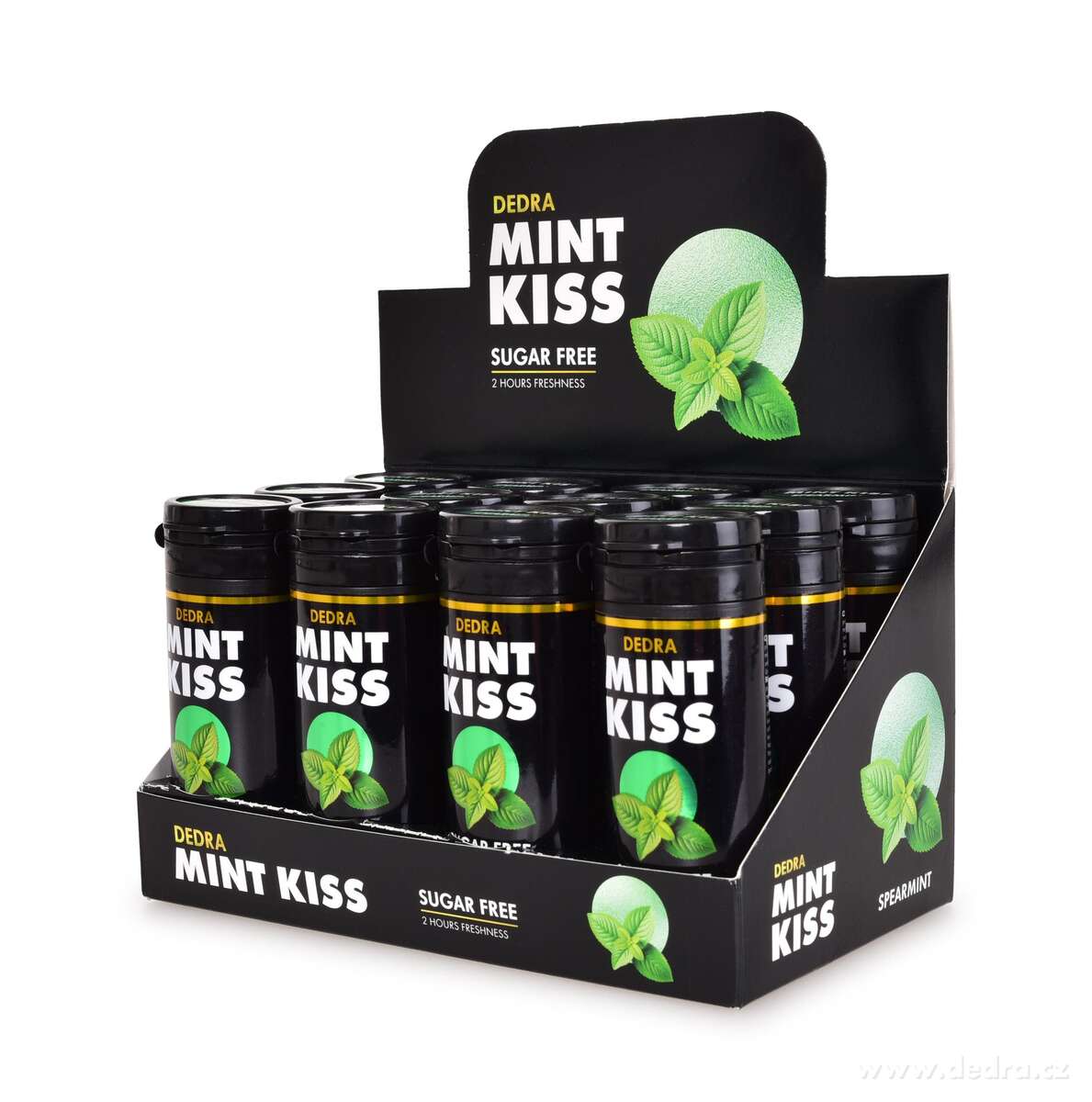 Sada 12 ks mátové osvěžující pastilky bez cukru MINT KISS, spearmint