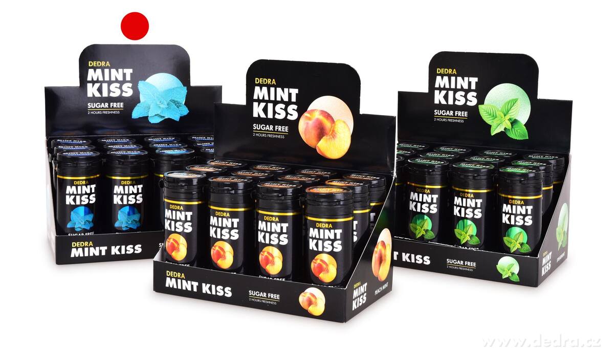 Sada 12 ks mátové osvěžující pastilky bez cukru MINT KISS, peppermint