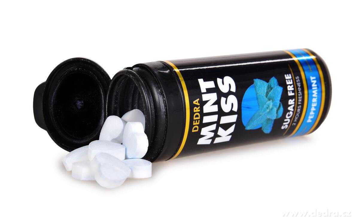 Sada 12 ks mátové osvěžující pastilky bez cukru MINT KISS, peppermint