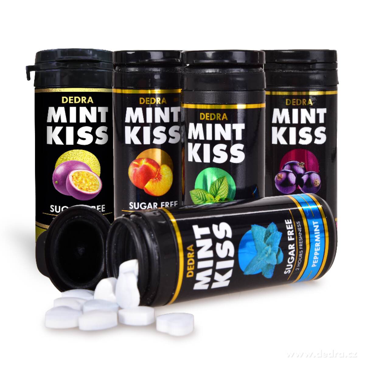 SADA 4+1 | MINT KISS | osvěžující mátové pastilky bez cukru | 5 příchutí | 28 g × 5 dóz