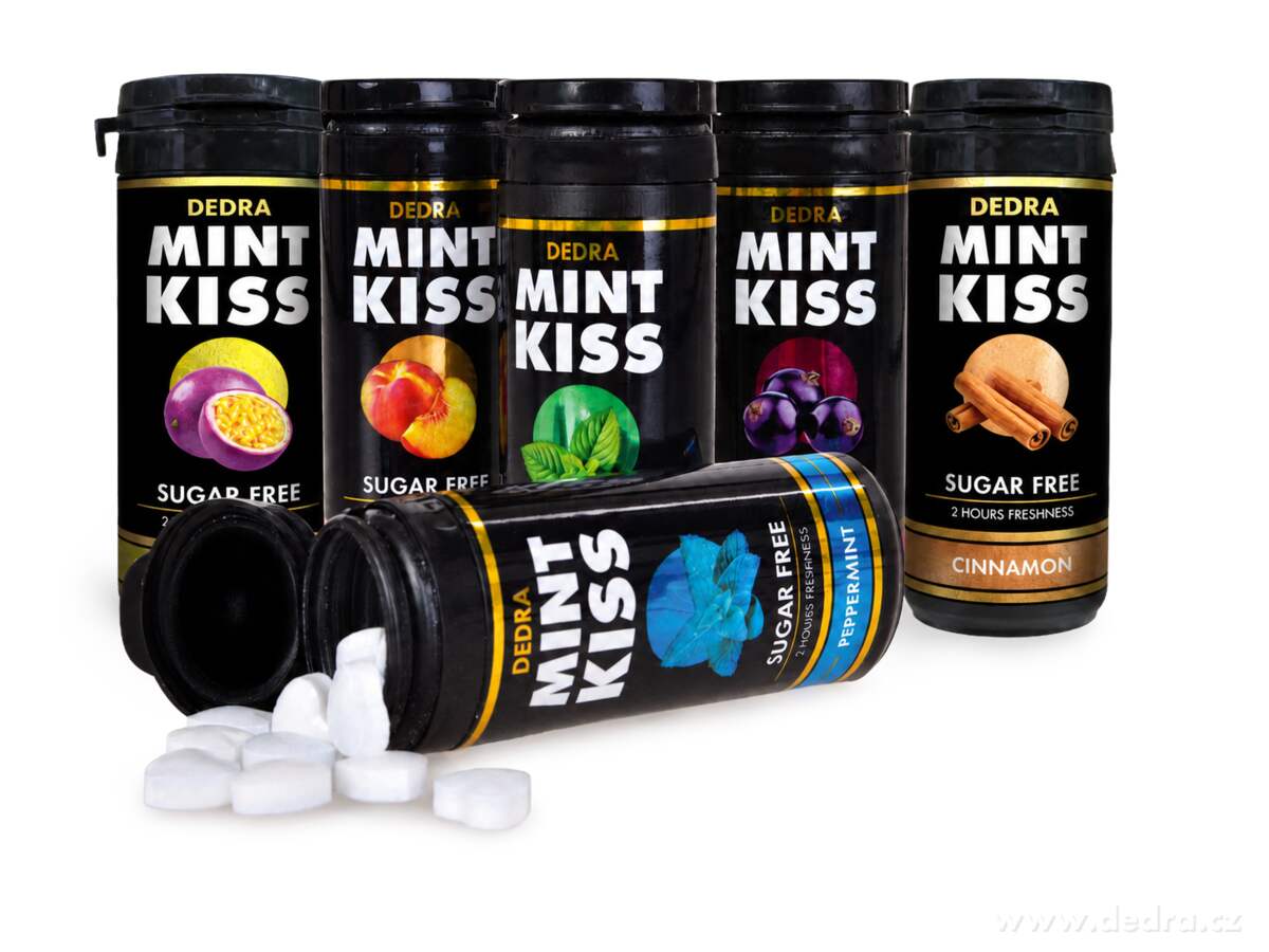 SADA 5+1 | MINT KISS | osvěžující mátové pastilky bez cukru | 6 příchutí | 28 g × 6 dóz