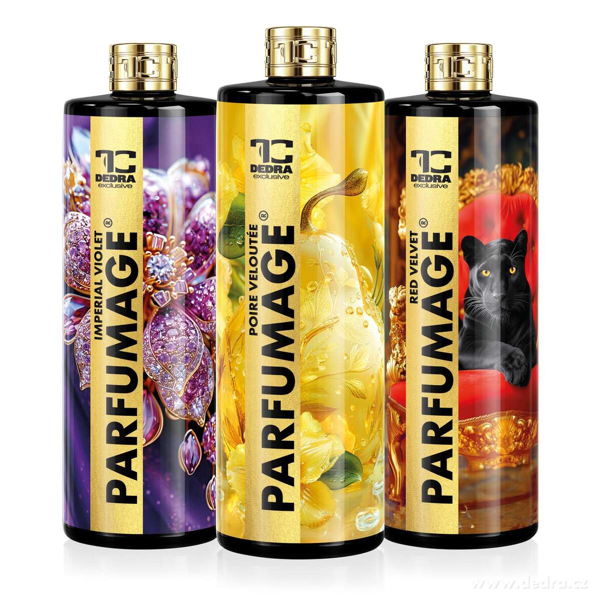 Rodinné balení PARFUMAGE | Parfém na praní | IMPERIAL VIOLET & SAMETOVÁ HRUŠKA & RED VELVET | 500 ml × 3