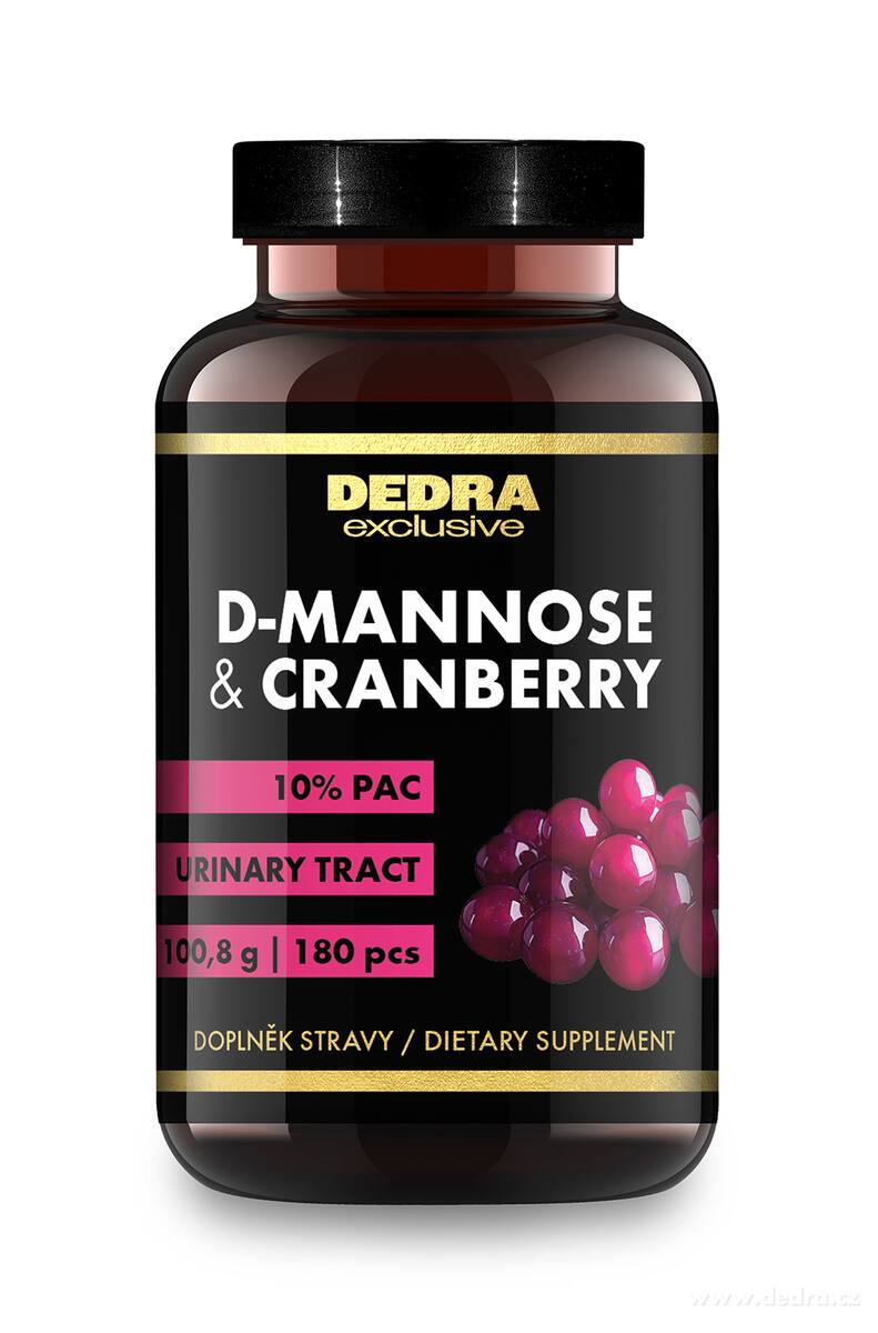D-MANNOSE + CRANBERRY | 1 000 mg D-manózy + 400 mg extraktu z brusinky | min. 40 mg PAC | močová soustava | 180 kapslí | 100,8 g