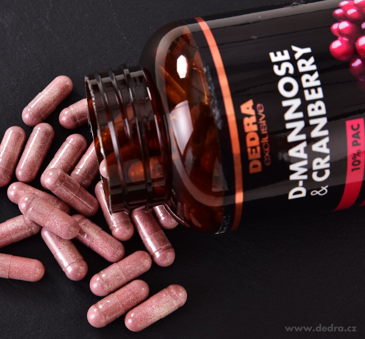 D-MANNOSE + CRANBERRY | 1 000 mg D-manózy + 400 mg extraktu z brusinky | min. 40 mg PAC | močová soustava | 180 kapslí | 100,8 g