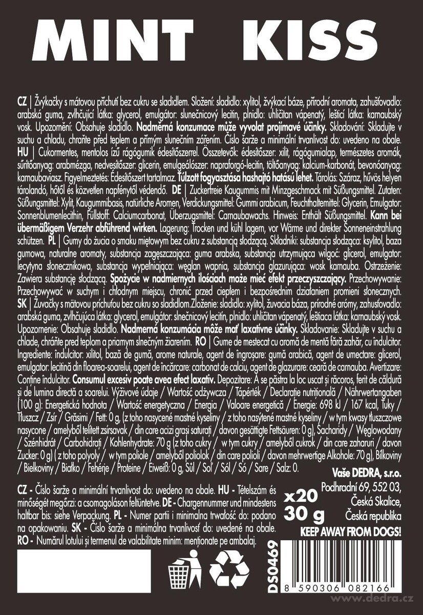 8×20 ks xylitolových žvýkaček s přírodní mátou bez cukru | MINT KISS peppermint | 240 g