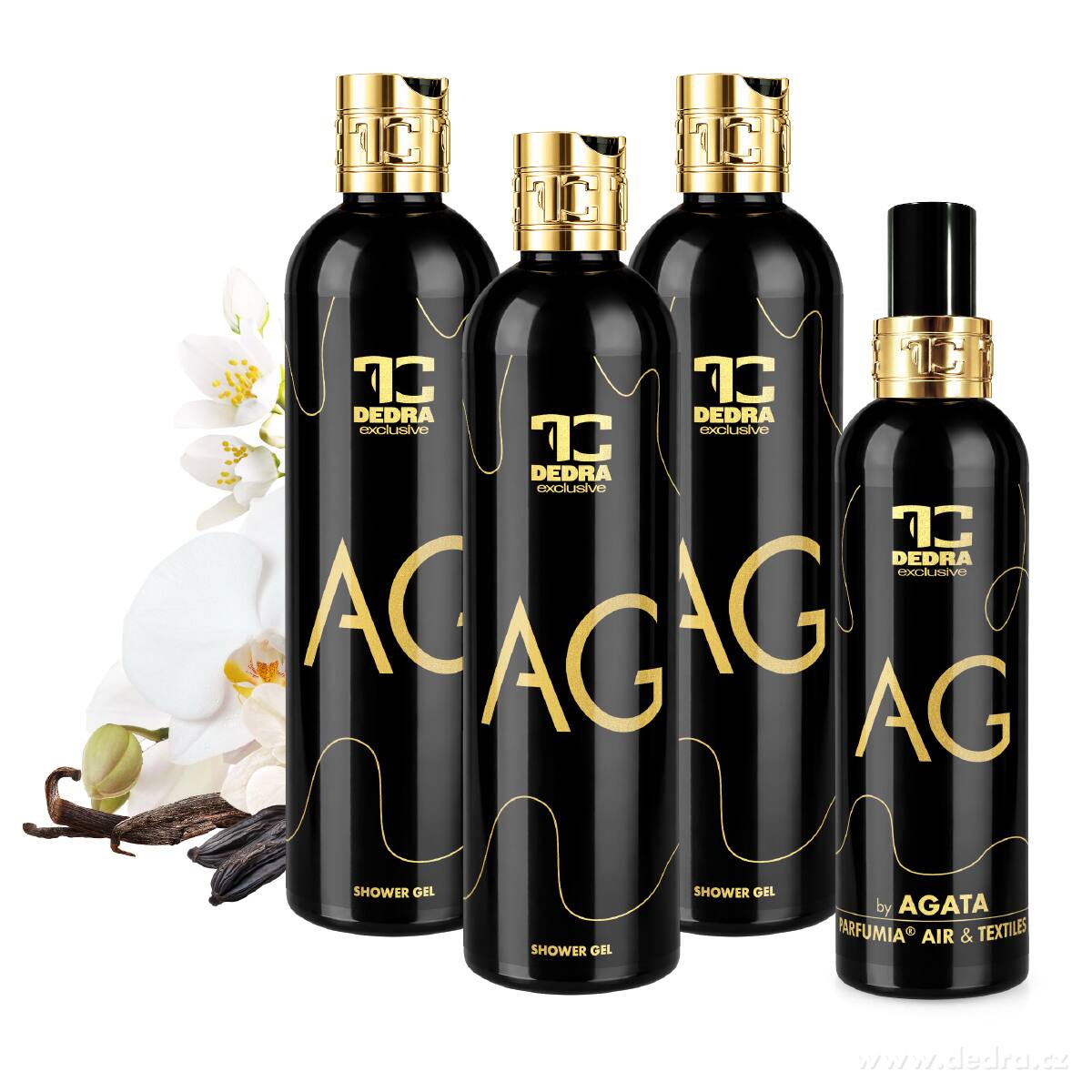 4dílná sada AG by AGATA | 3 × exkluzivní šetrný sprchový gel s glycerinem & Aloe vera + 1 × osvěžovač textilií