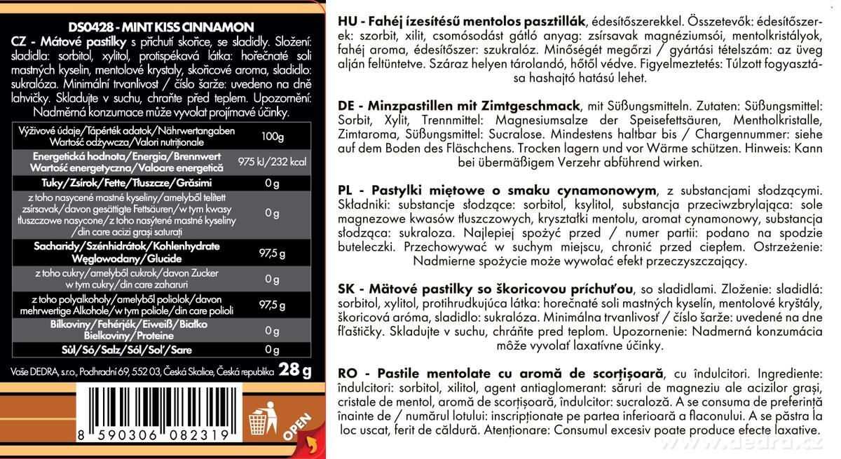 Sada 12 ks MINT KISS | skořicovo-mátové osvěžující pastilky bez cukru | cinnamon | 28 g × 12