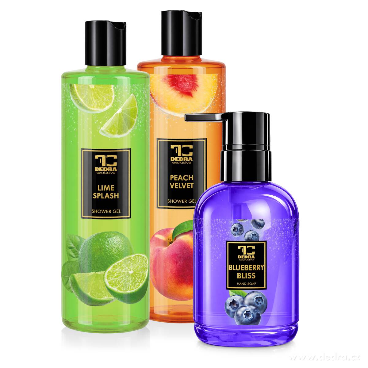 SADA FRUITY | sprchový gel LIME SPLASH & PEACH VELVET & tekuté mýdlo BLUEBERRY BLISS |  2+1