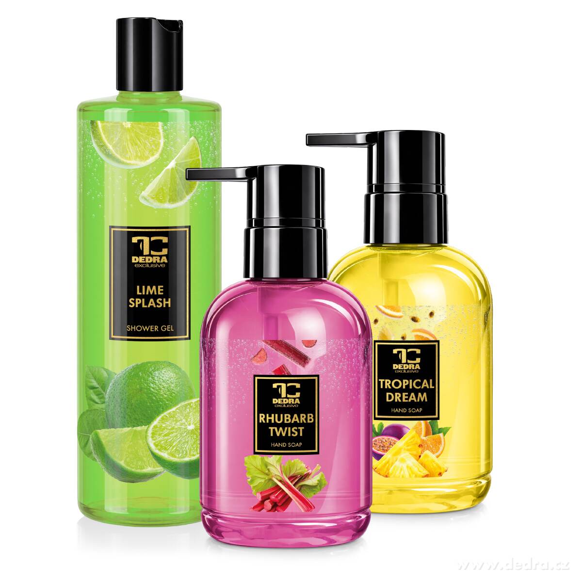 SADA FRUITY | tekuté mýdlo RHUBARB TWIST & TROPICAL DREAM & sprchový gel LIME SPLASH | 2+1