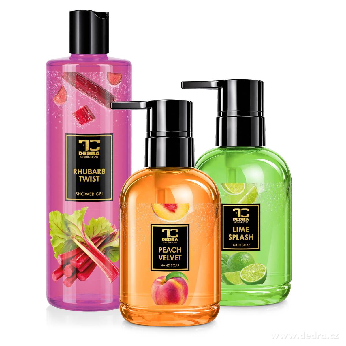 SADA FRUITY | tekuté mýdlo PEACH VELVET & LIME SPLASH & sprchový gel RHUBARB TWIST |  2+1