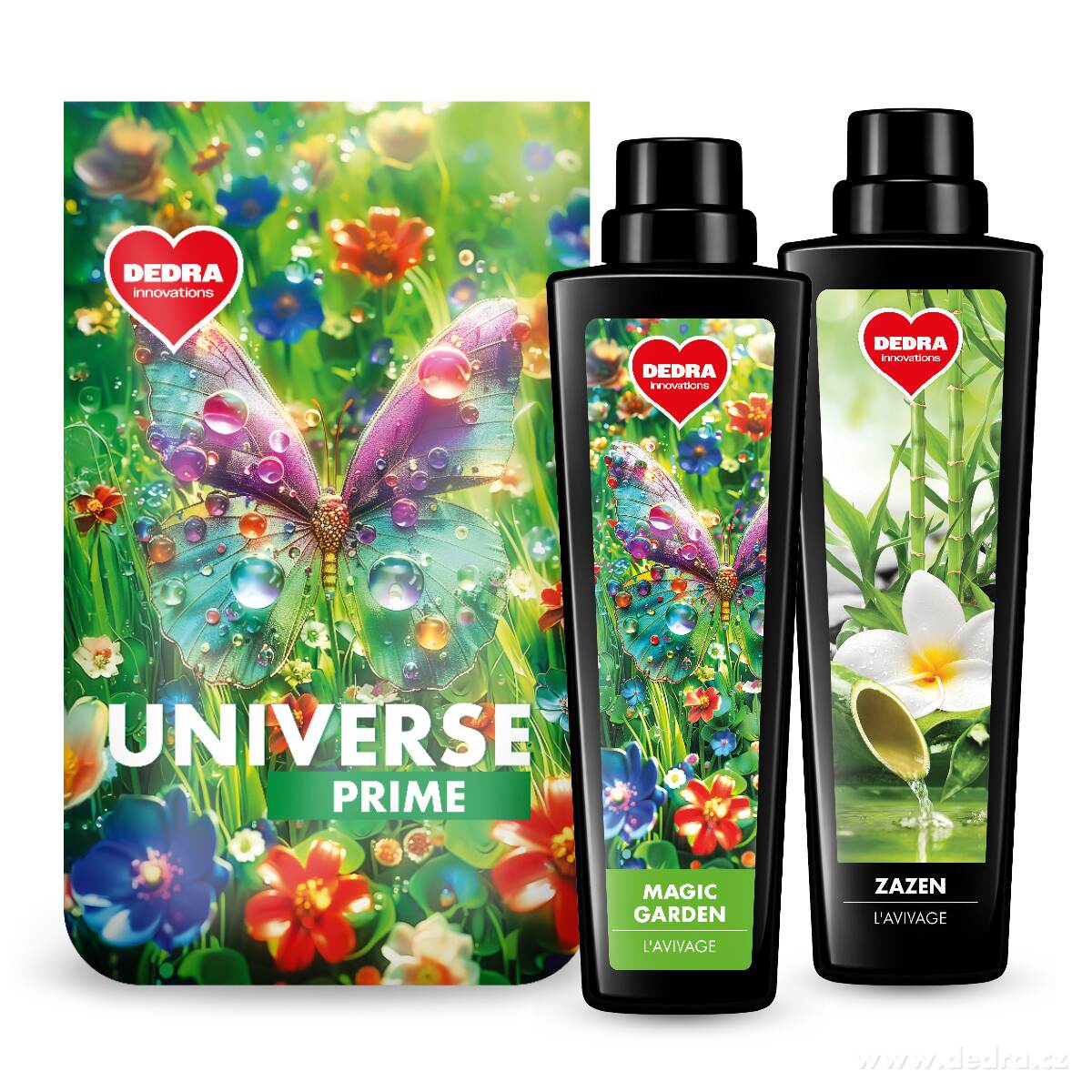 Sada KOMPLEXNÍ PRANÍ | Prací prášek na bílé & barevné prádlo UNIVERSE PRIME + L'AVIVAGE avivážní kondicionér MAGIC GARDEN & ZAZEN | 50 praní