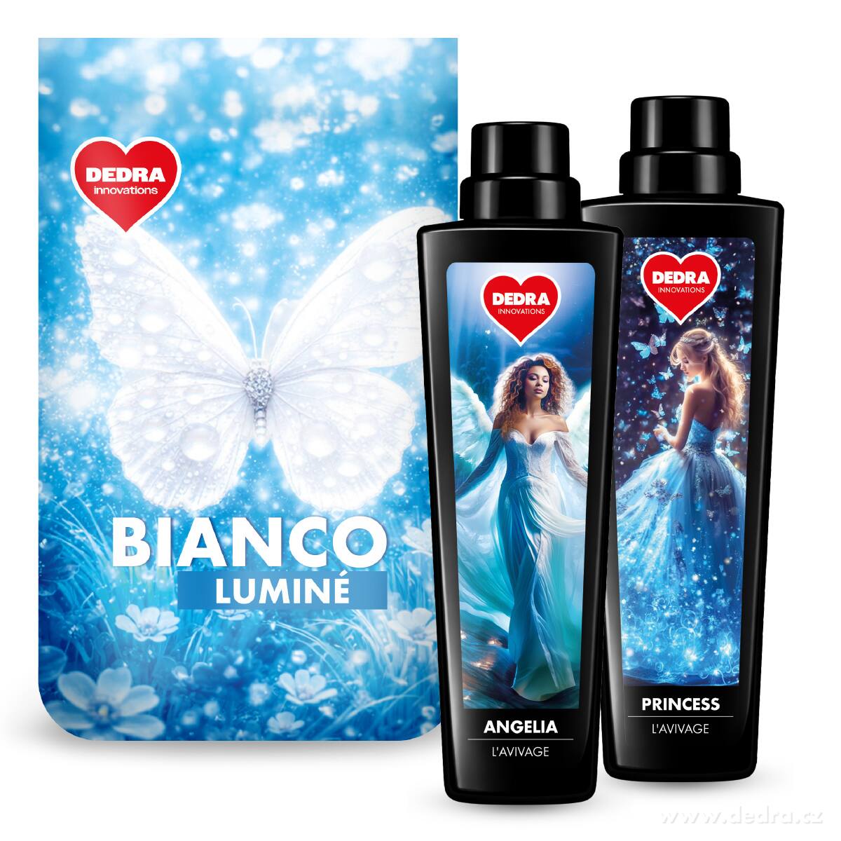 Sada KOMPLEXNÍ PRANÍ | Prací prášek na bílé prádlo BIANCO LUMINÉ + L'AVIVAGE avivážní kondicionér PRINCESS & ANGELIA | 50 praní