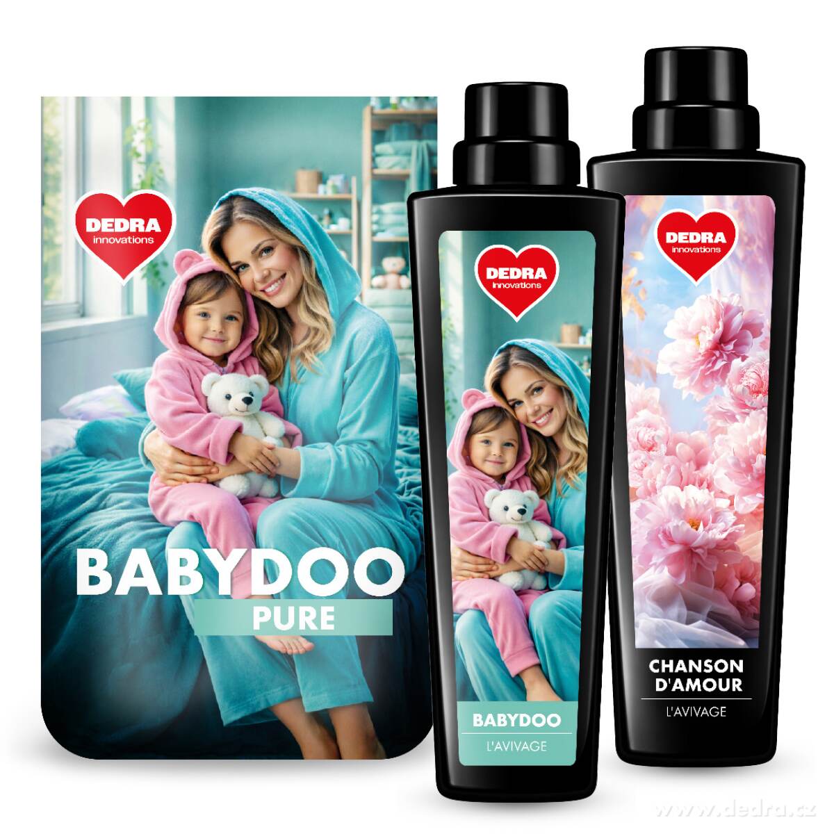 Sada KOMPLEXNÍ PRANÍ | Prací prášek na dětské prádlo & citlivou pokožku BABYDOO PURE + L'AVIVAGE avivážní kondicionér BABYDOO & CHANSON D´AMOUR | 50 praní