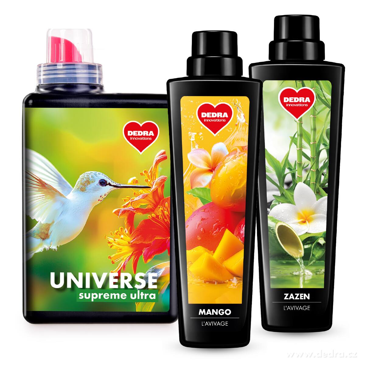 Sada KOMPLEXNÍ PRANÍ | Univerzální prací gel na bílé & barevné prádlo UNIVERSE SUPREME ULTRA + L'AVIVAGE avivážní kondicionér MANGO & ZAZEN | 28 praní