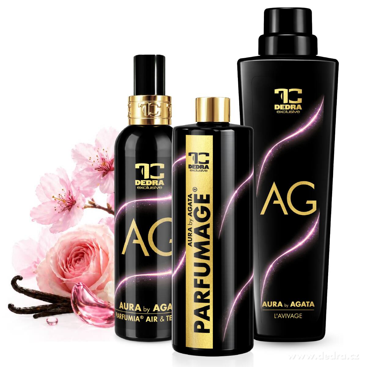 3dílná sada AURA by AGATA | Aviváž + parfém na praní + osvěžovač vzduchu | 750 ml + 500 ml + 200 ml