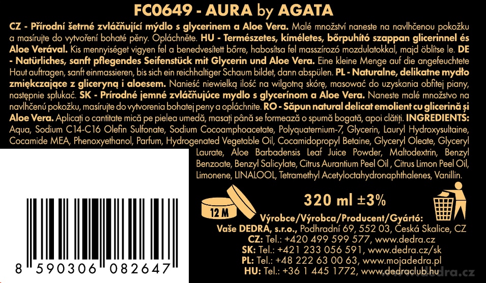 AURA by AGATA | exkluzivní šetrné tekuté mýdlo s glycerinem & Aloe vera | 320 ml