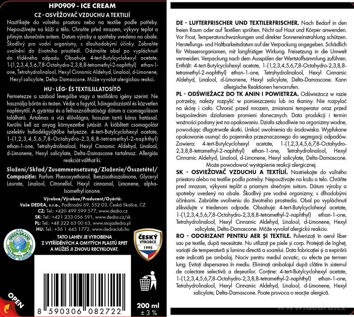 ICE CREAM | Osvěžovač vzduchu & textilií | luxusní parfémový sprej | 200 ml