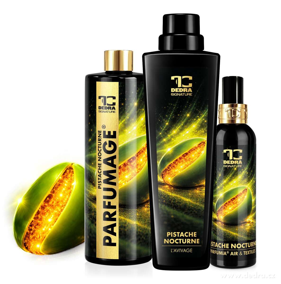 KOMPLETNÍ RITUÁL PISTACHE NOCTURNE | SIGNATURE | osvěžovač vzduchu a textilií & PARFUMAGE® & L’AVIVAGE | 200 ml + 500 ml + 750 ml