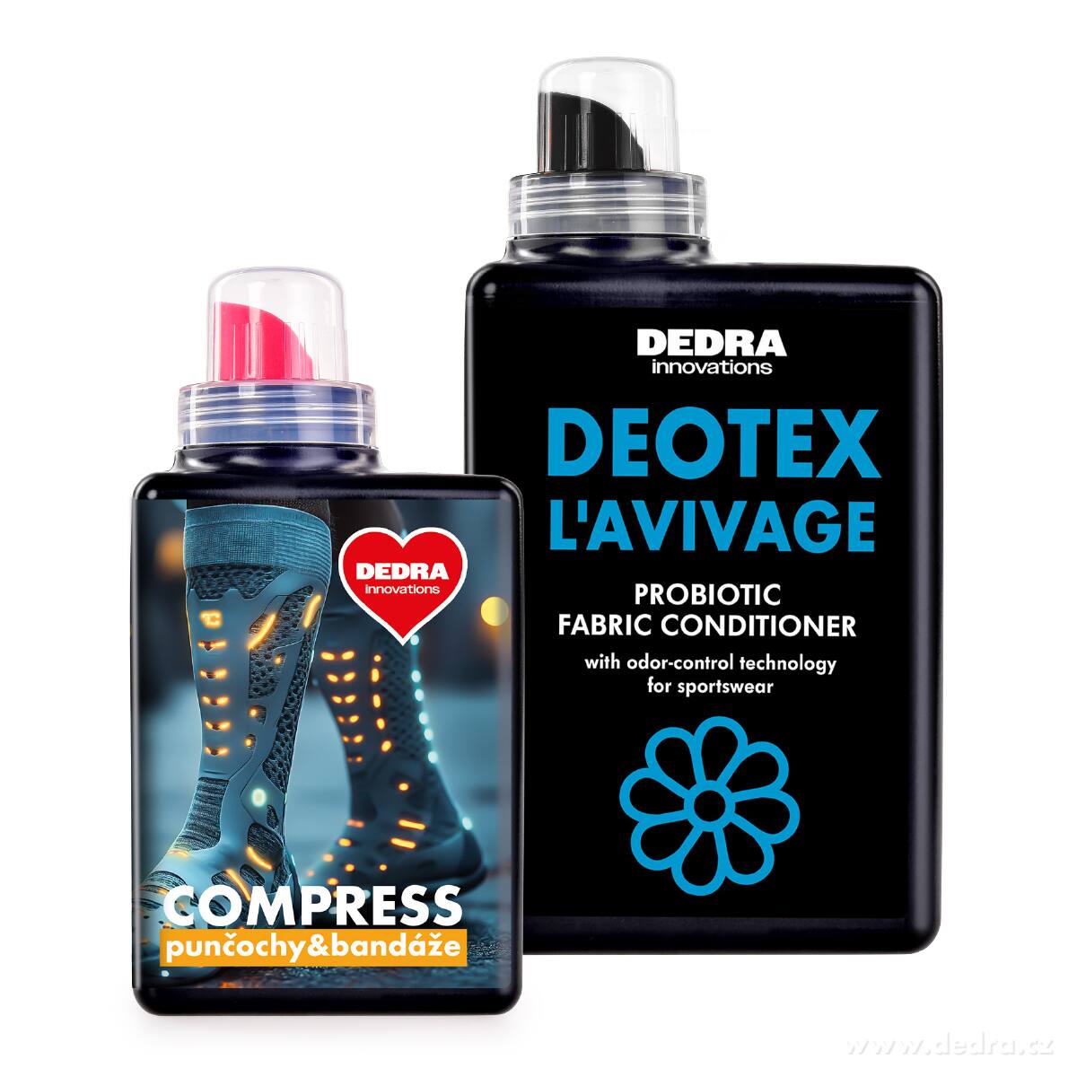 Sada | COMPRESS & DEOTEX® L’AVIVAGE | Prací gel na kompresní punčochy, bandáže & ortézy + probiotický kondicionér | 500 ml + 1000 ml