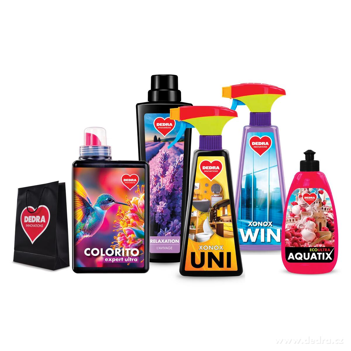 ČISTÁ DOMÁCNOST | Dárková sada | prací gel + aviváž + xonox uni +  xonox win + aquatix + darková taška